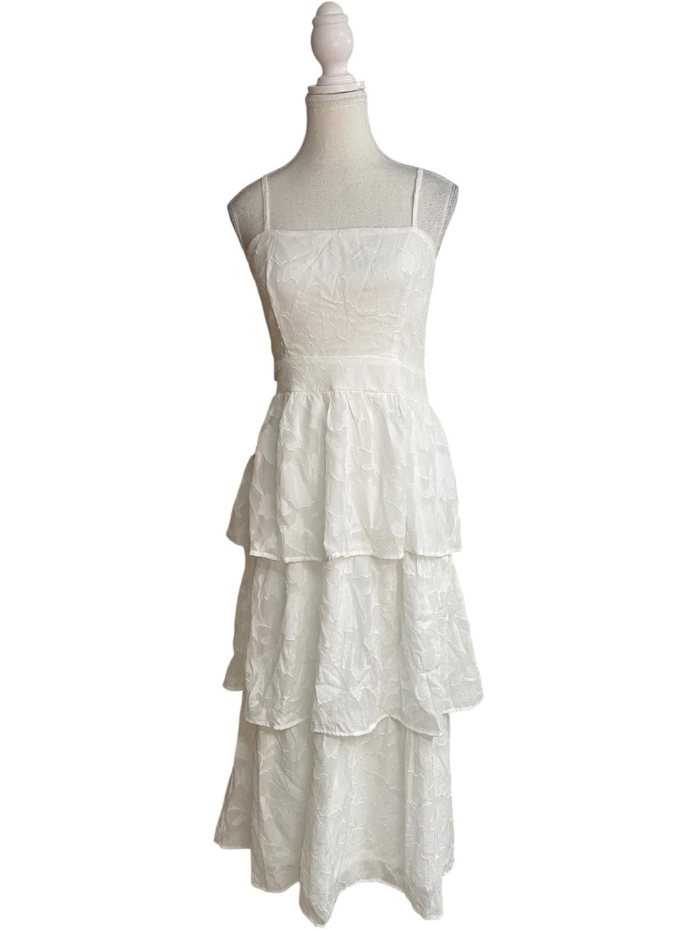 Lulus Grace and Beauty Burnout Lace Tiered Midi Dress White Floral Print